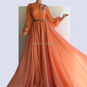

Long Chiffon Orange Pageant Evening Dresses For Celebrity Appliques Idlamic Turkish Custom Made party Prom Dress Robe De Soiree