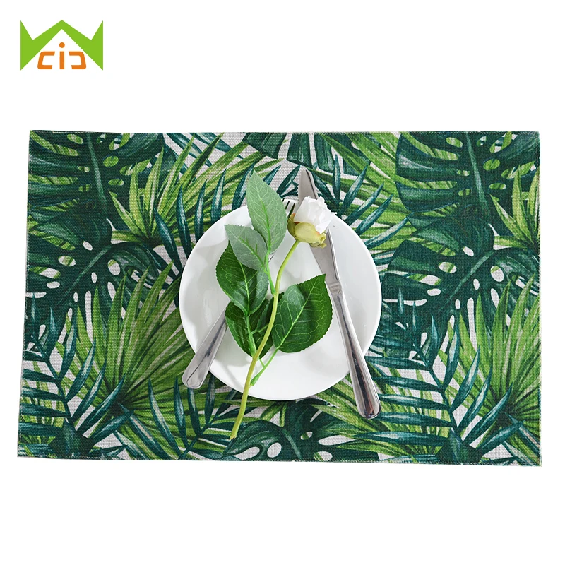 

WCIC 44x29cm Western Placemat Palm Green Leaves Pattern Pad Cotton Linen Kitchen Coffee Tea Pad Dining Table Mat Coasters