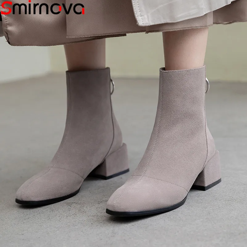 

Smirnova 2018 new ankle boots for women square toe zip suede leather autumn winter boots solid colors high heels women boots