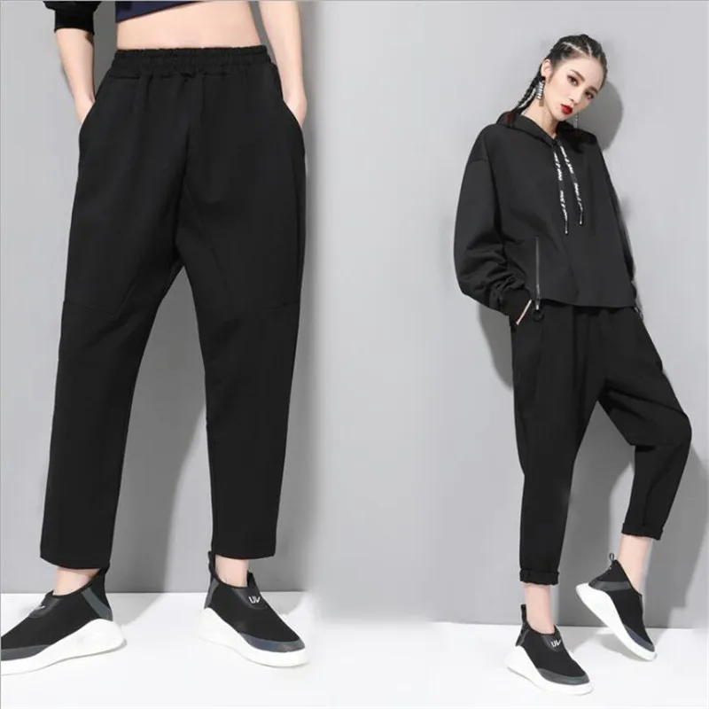 High quality materials 2019 spring and summer new black style loose casual harem pants streetwear women capris trousers Hip hop