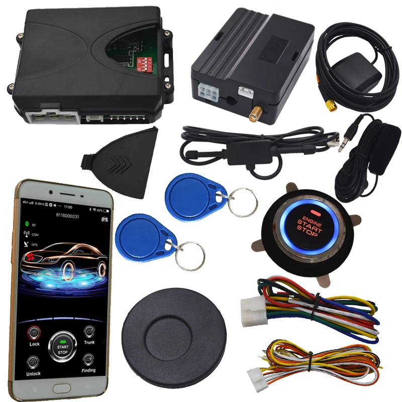 RFID invisible car alarm with engine start stop button bypass chip key