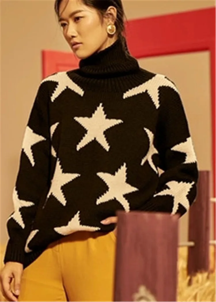 100% ручная работа чистая шерсть вязаная Водолазка женская мода звезды контрастных цветов свободного кроя пуловер свитер Индивидуальные
