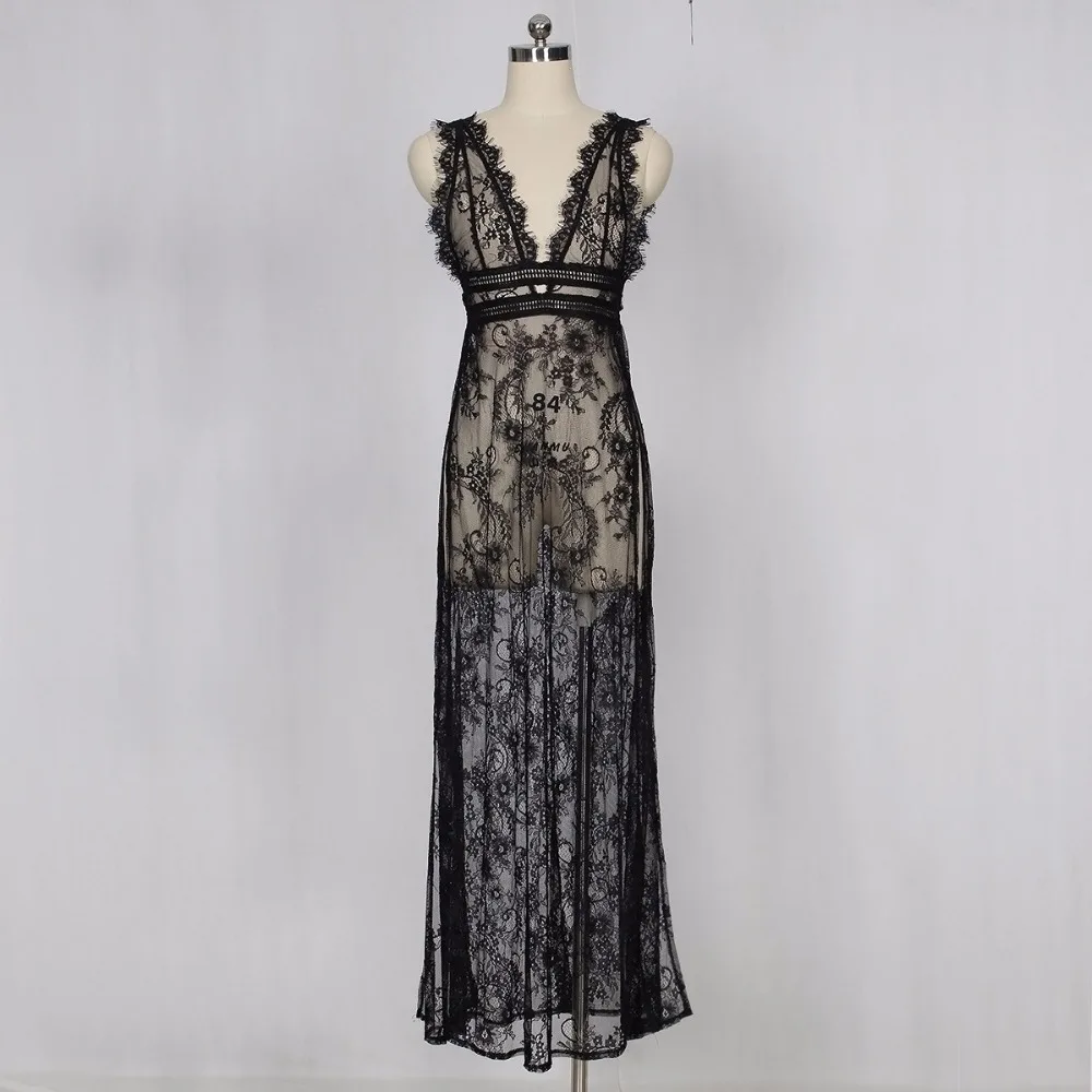 Women Lace Party Dress 2018 Sexy Backless V Neck Sleeveless high split floor length Dress Mesh See Through Erotic clubwear XL (4)