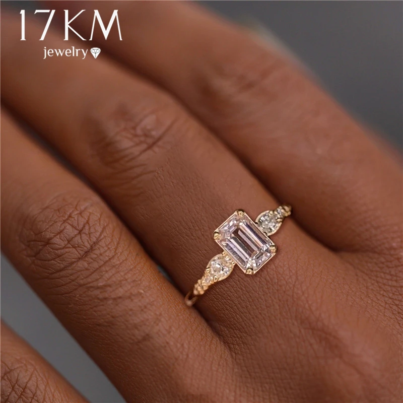 

17KM Square Cubic Zirconia Engagement Rings For Women New Fashion Gold Color Crystal Ring Anillos Mujer Female Statement Jewelry