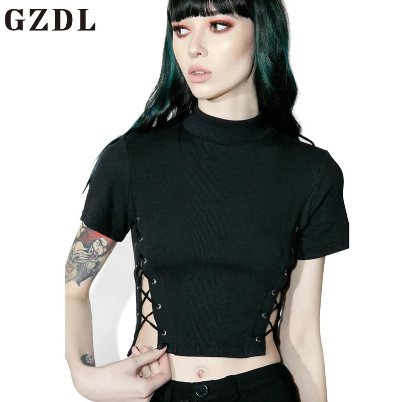 Cena GZDL Kr oacute;tki Rękaw Koronki Up Podział Kobiet Lato Crop Top Styl Mody Golfem Stałe Odchudzanie Topy Fitness Kobiece Bluzki CL3824