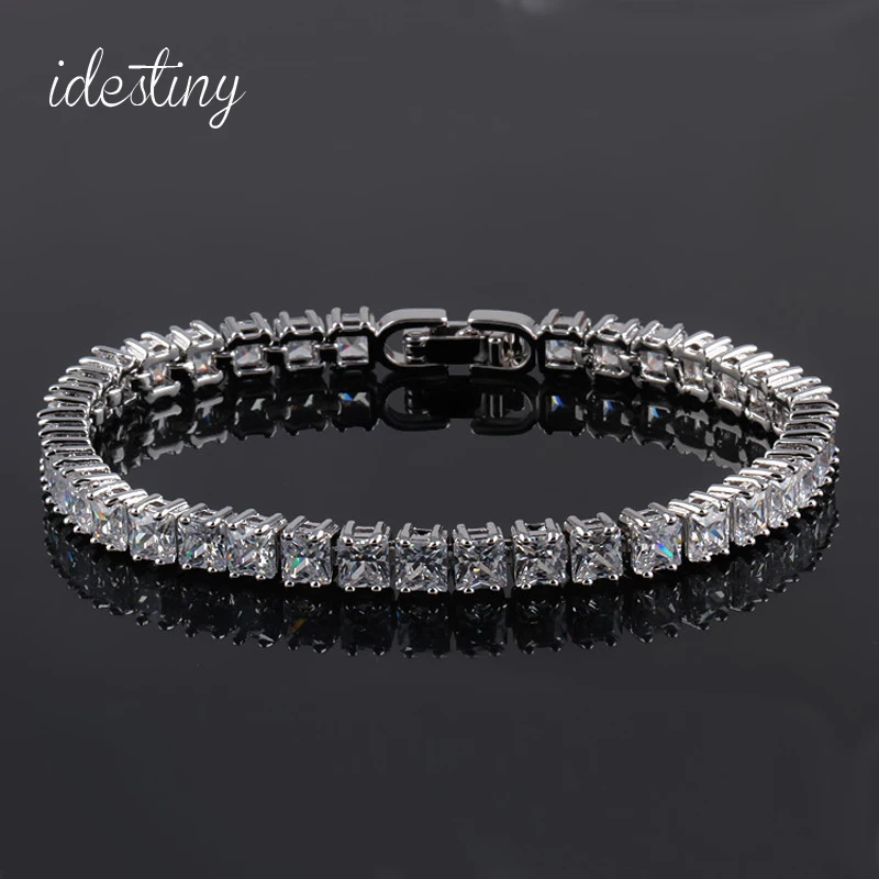 Pulseiras de Tênis para a Mulher de Cor Presente de Natal de Casamento do Corte da Princesa 11.11 de Alta Qualidade Clássico Praça Prata Jóias Melhor Presente 4mm cz