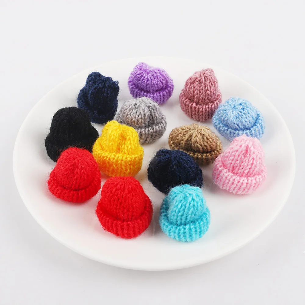 10PCS Mini Sweet Knitting Wool Hat Candy Color DIY Kids Hair Accessories Handmade Cute Woolen Yarn Hat for Clothing Decoration