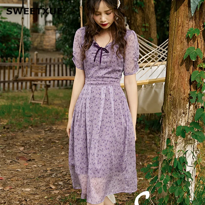 

SWEETXUE Elegant Purple Floral Print Female Dress V Neck Bow Drawstring High Waist Slim Short Sleeve Openwork Party Midi Dress