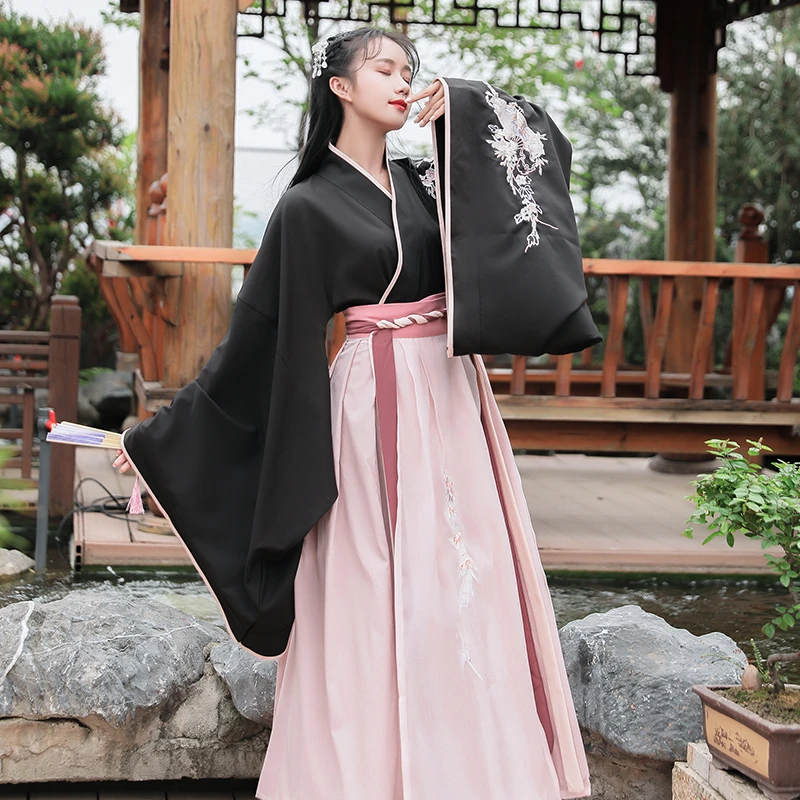 Hanfu Женский танцевальный костюм с вышивкой, черная одежда для восточных выступлений, народное платье, фестивальный Рейв, одежда для сценических танцев DC2373