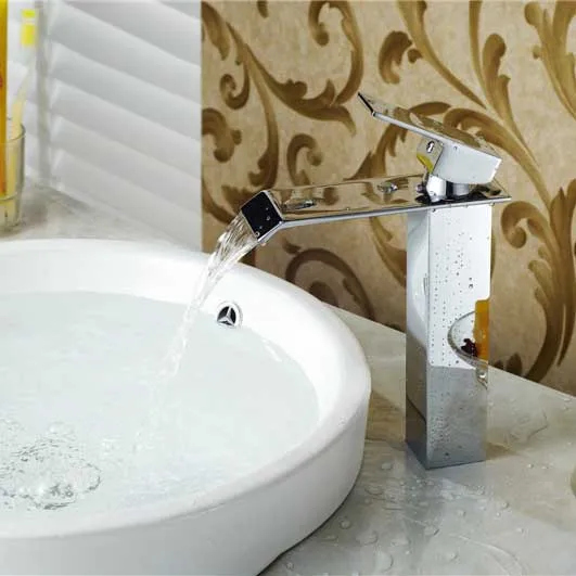 Single handle waterfall bathroom sink faucet chrome