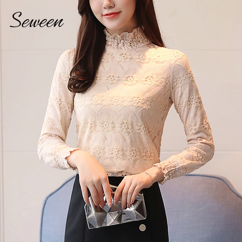

Howllow Out Lace Ladies Tops And Blouses 2018 Autumn Elegant Blouse Women Long Sleeve Stand Collar Tops Women Coral Apricot
