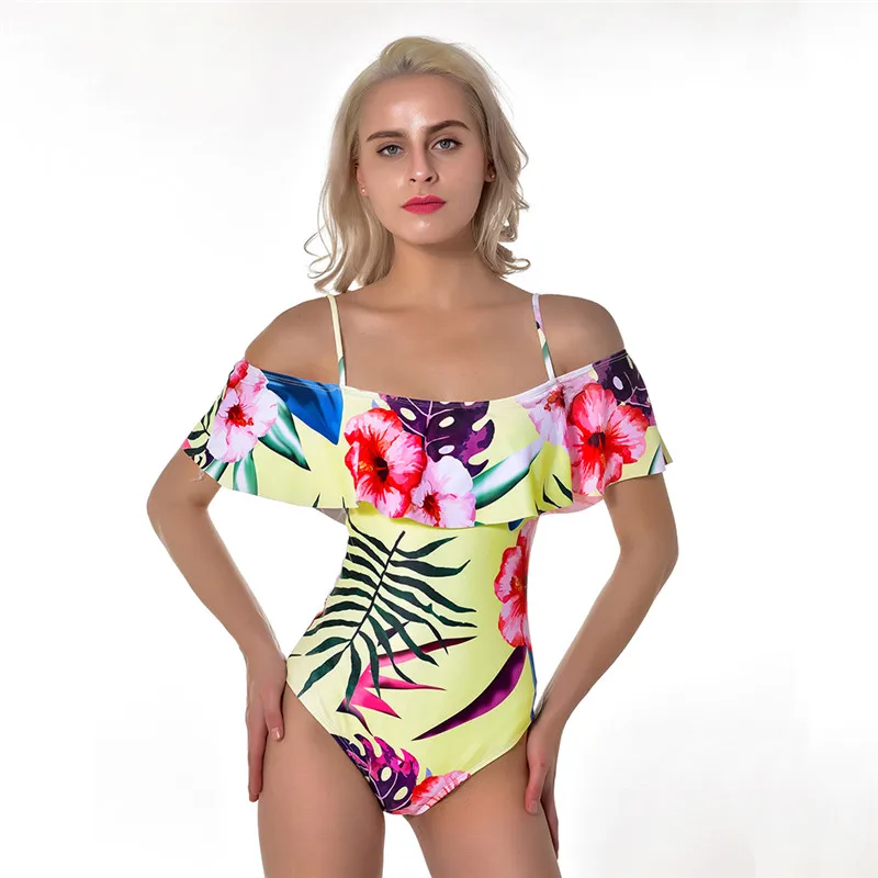Sexy One Piece Swimsuit One shoulder Floral Ruffle Swimwear Women Swimsuit Bathing Suit Push Up Bikini 2019 fato de banho mayo