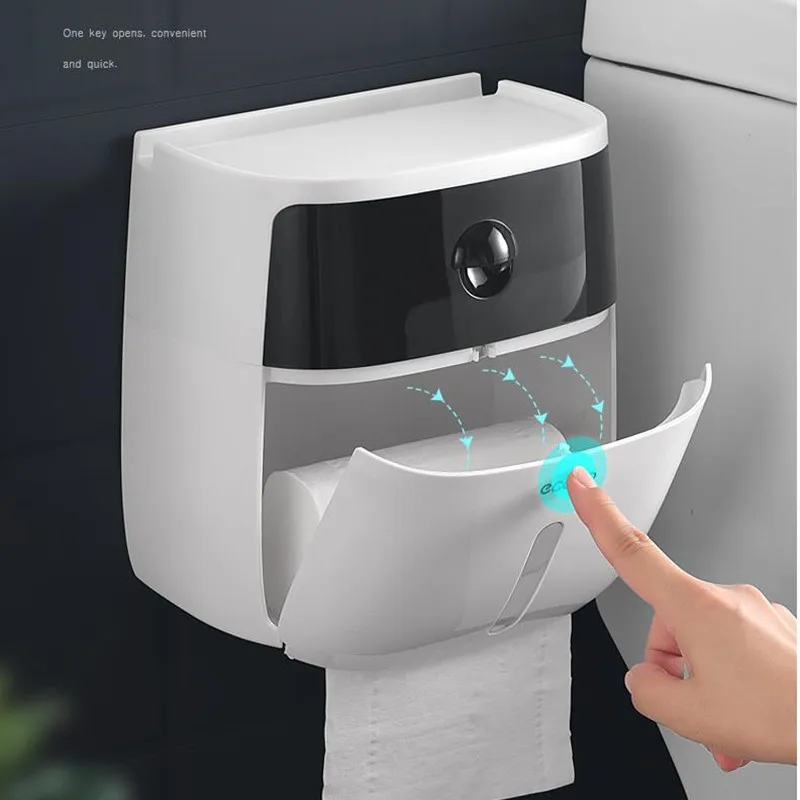 Водонепроницаемый пластиковый держатель для туалетной бумаги для ванной комнаты, настенный бумажный ящик для хранения, двухслойный диспенсер - Цвет: Черный
