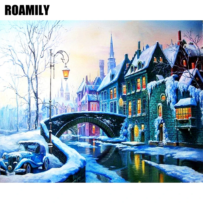 

ROAMILY,Picture By Rhinestones,Scenic,Snow,Small Town,Diamond Embroidery Sale,Diamond Painting,Nieuw Vierkante Steentjes