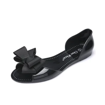 

2020 bowknot decoration Sandals female flat bottom wild jelly shoes soft bottom plastic bow fish mouth shoes PU women's shoes