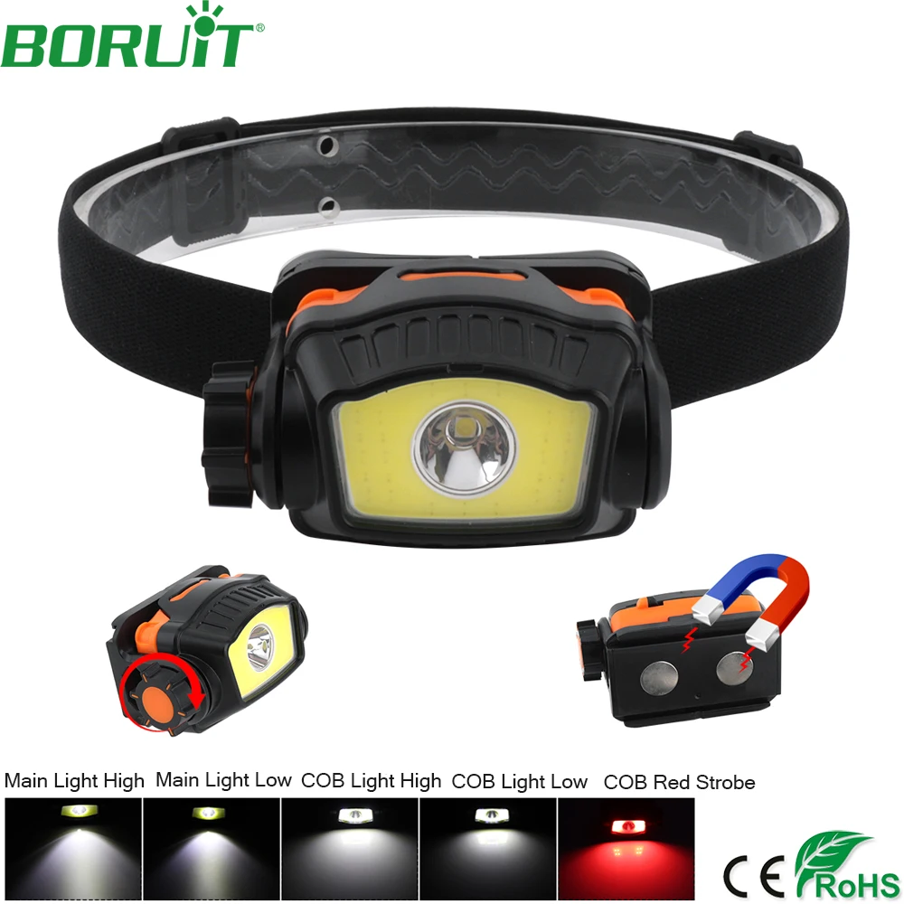

BORUiT COB LED Headlamp Flashlight Magnetic Work Lights Rotary Switch Portable Camping Hunting Head Torch Waterproof Floodlight