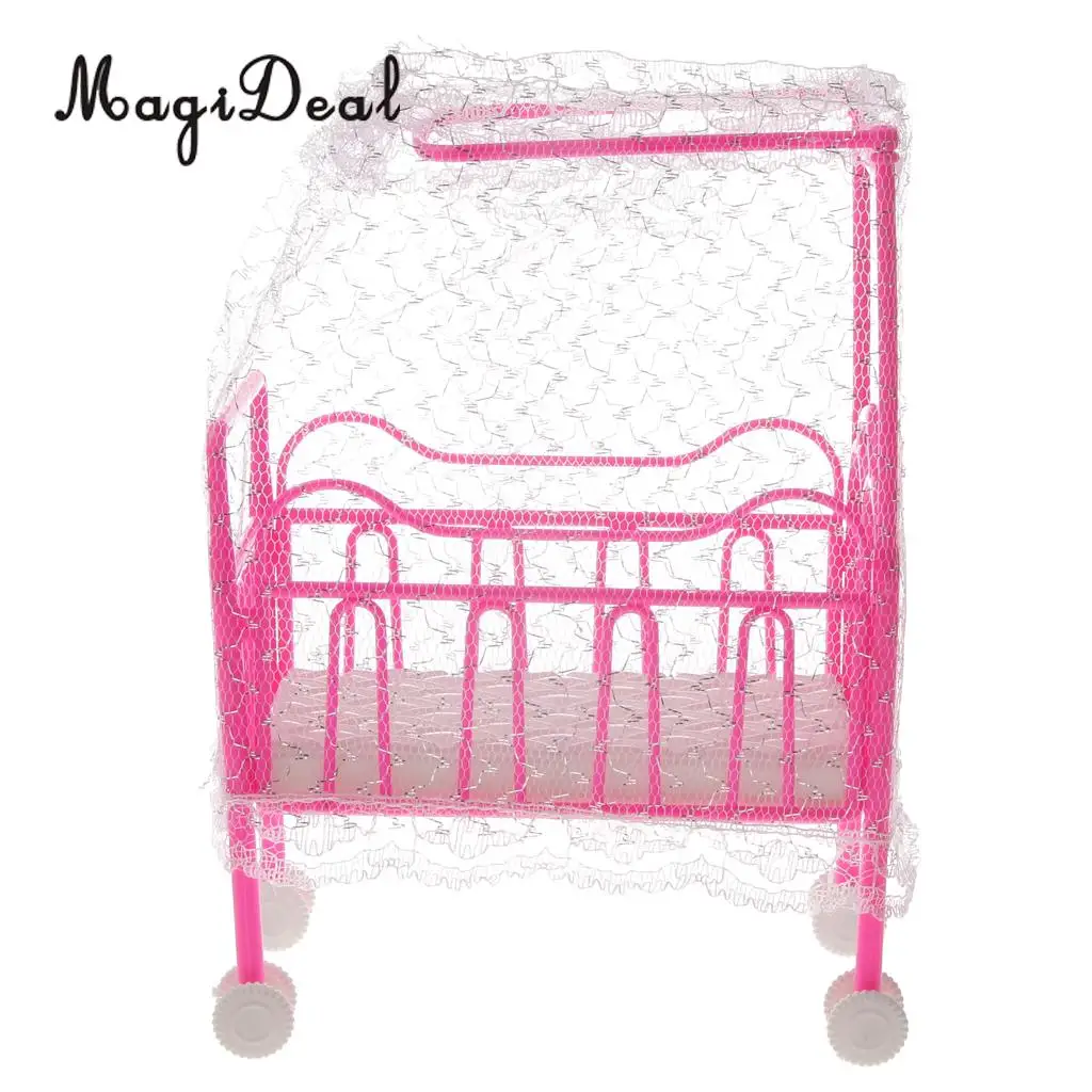 MagiDeal 1Pc Plastic Cot Bed with Bed Net Dollhouse Furniture Accs for Dolls Children Kids Pretend Play Toy