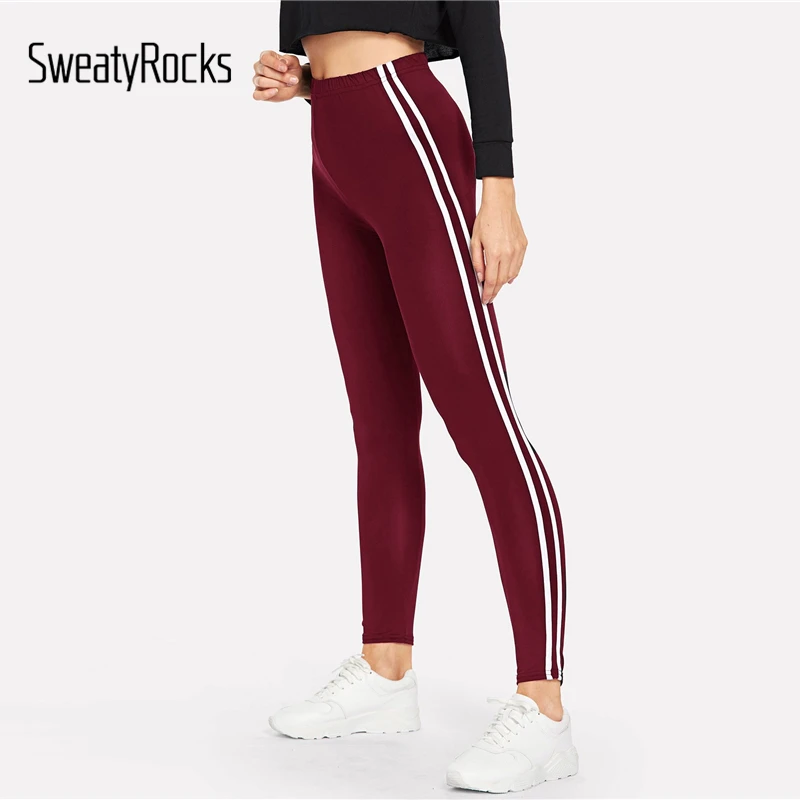 SweatyRocks الشريط الجانب مرونة الخصر الرياضية عنابي طماق 2018 جديد الخريف النساء سراويل رياضية نحيل تجريب طماق