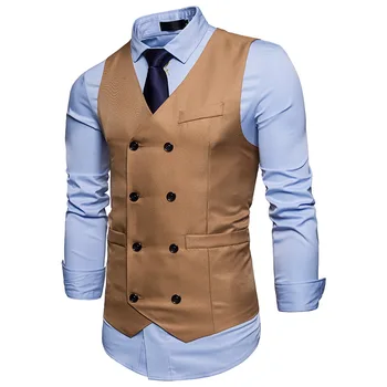 

New Double Breasted Suit Vest Men Gilet Homme Costume 2018 Brand Slim Fit Sleeveless Waistcoat Mens Foramal Weeding Dress Vests