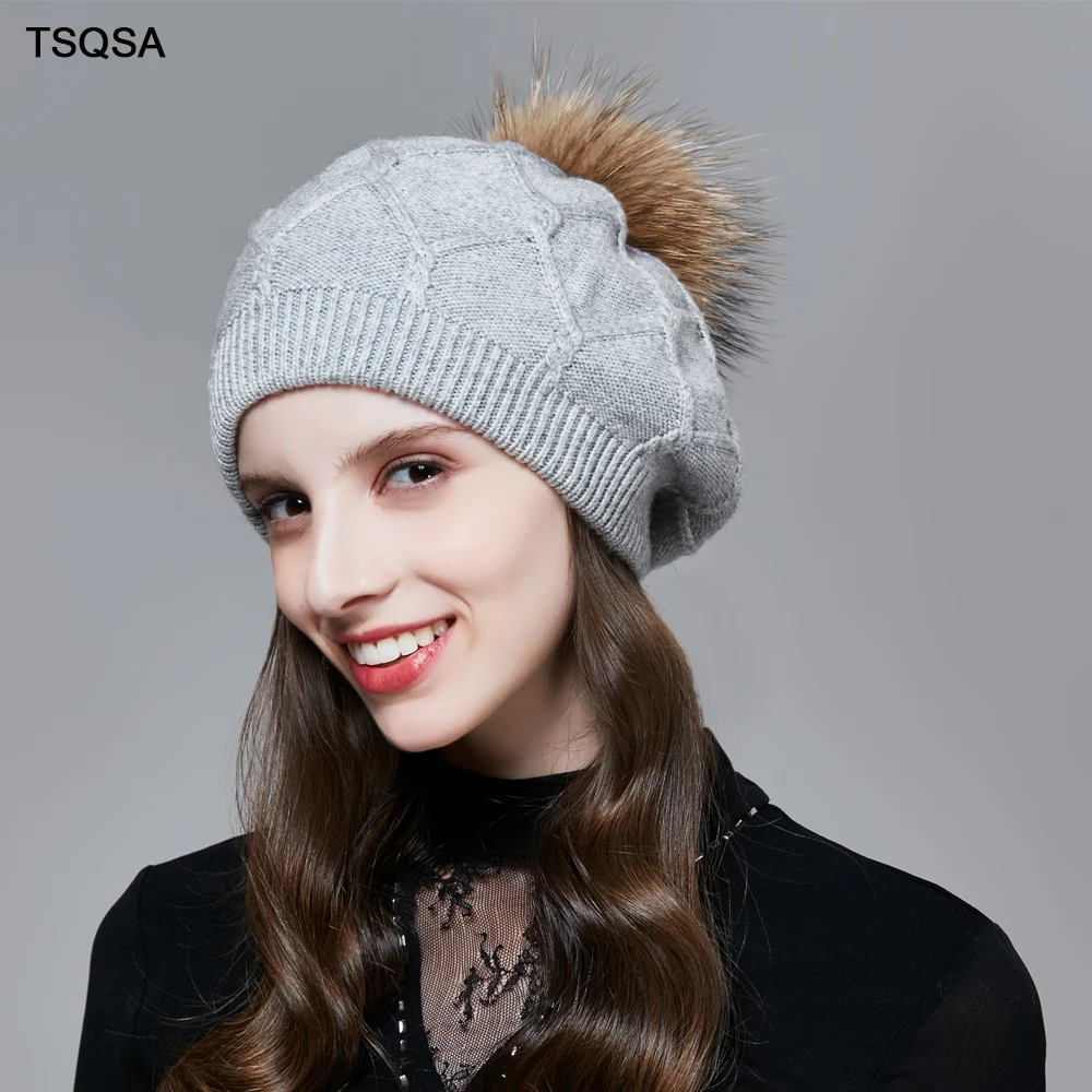 TSQSA Утепленная одежда для Для женщин шляпа лисий мех мяч Кепки помпоном вязаные