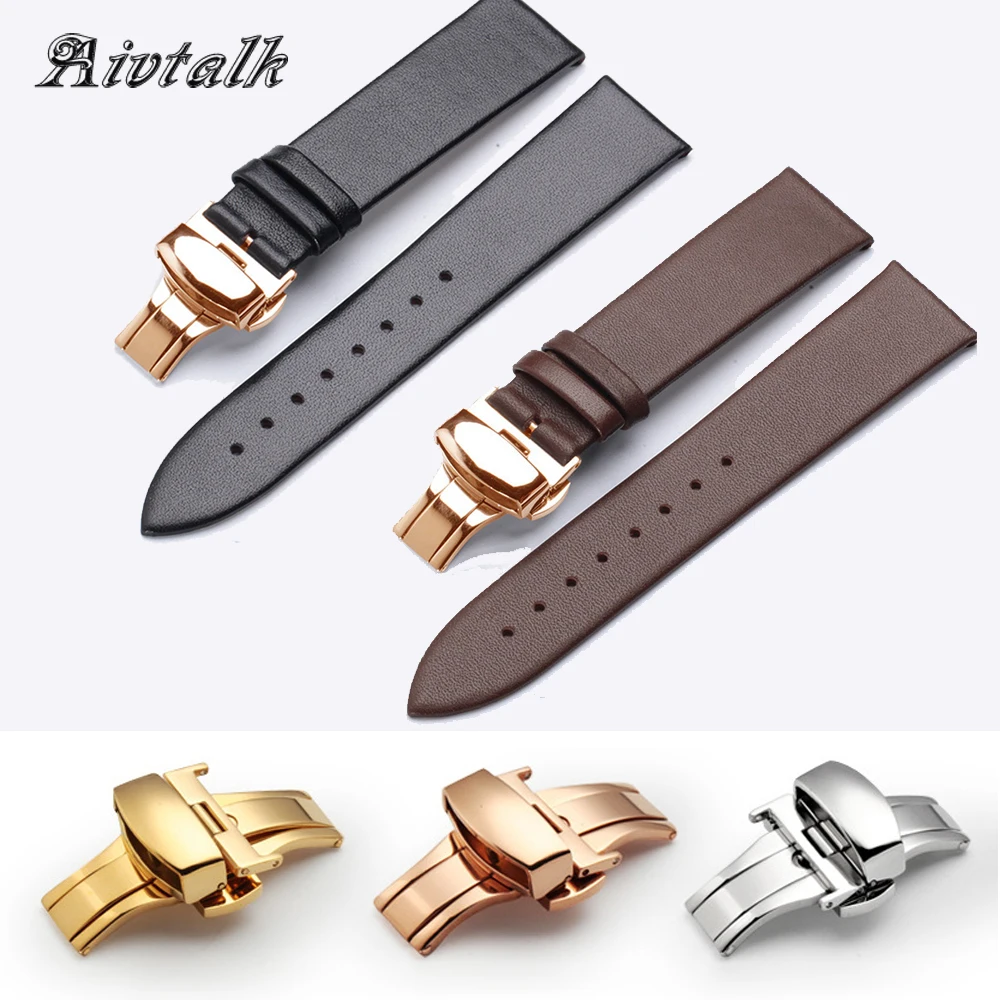 

14 16 18 20 22 mm Watchband Strap Genuine Leather Watchband With Butterfly Buckle Smooth Soft Thin Watch Band Belt for Men Women