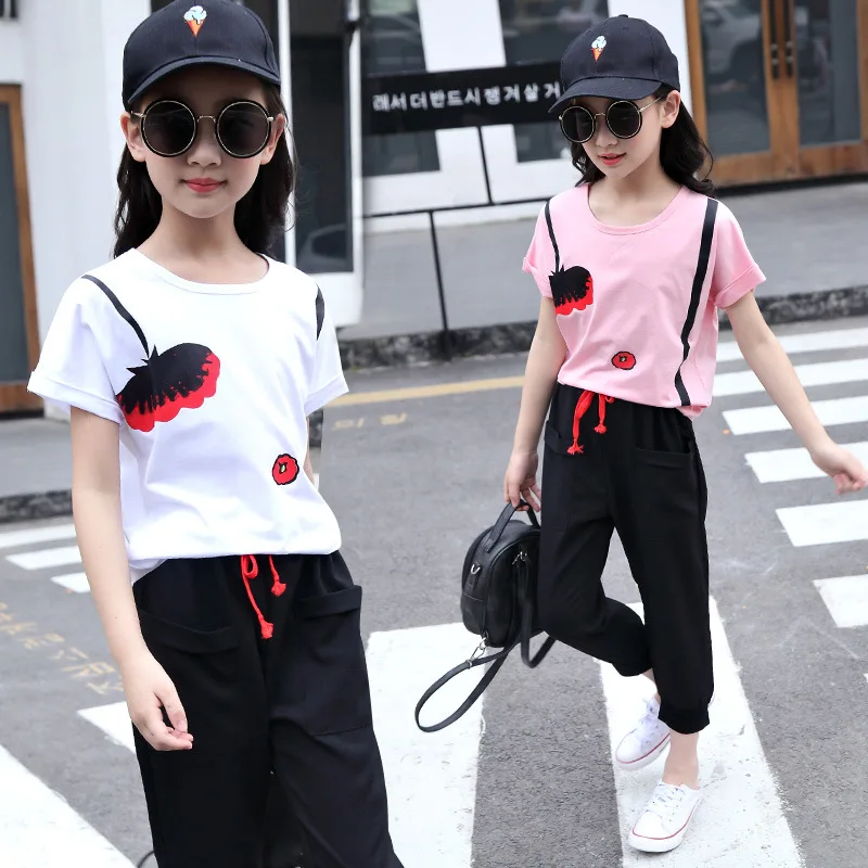 

Children's wear girl suit summer 2018 new leisure sports round neck short sleeve + nine pants two piece children's suit