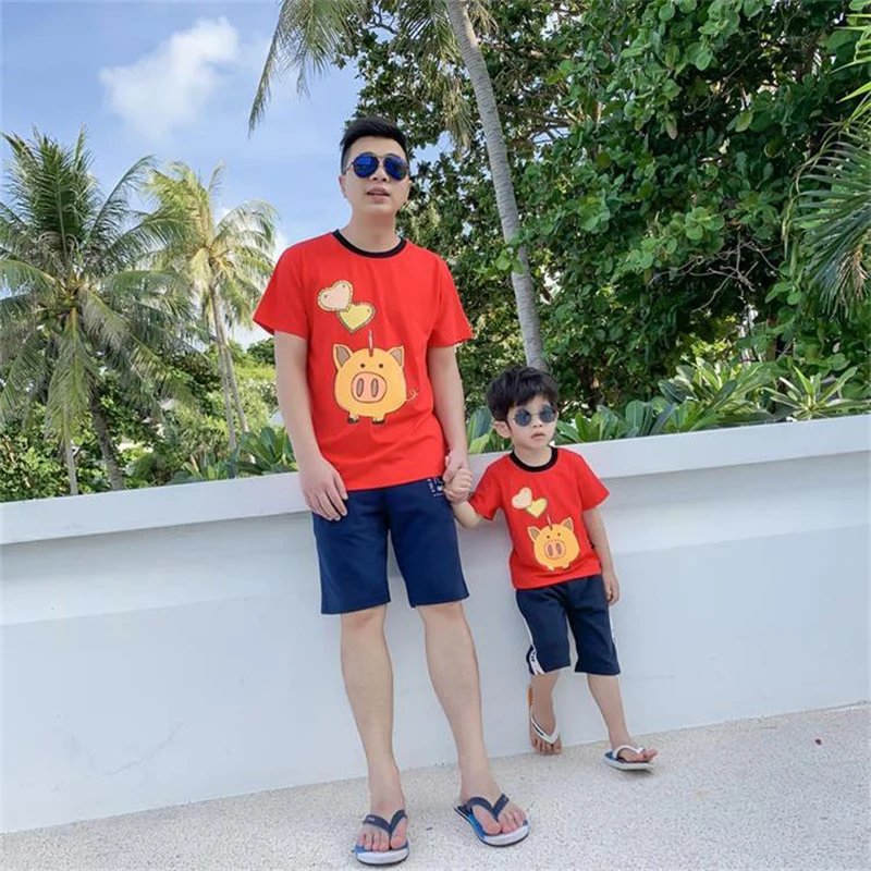 Family Matching Clothes Cute Heart Pigs Father Mother Kids T-shirts New Cotton Short Sleeve Summer Tops Boys Girls Shirt Gifts 