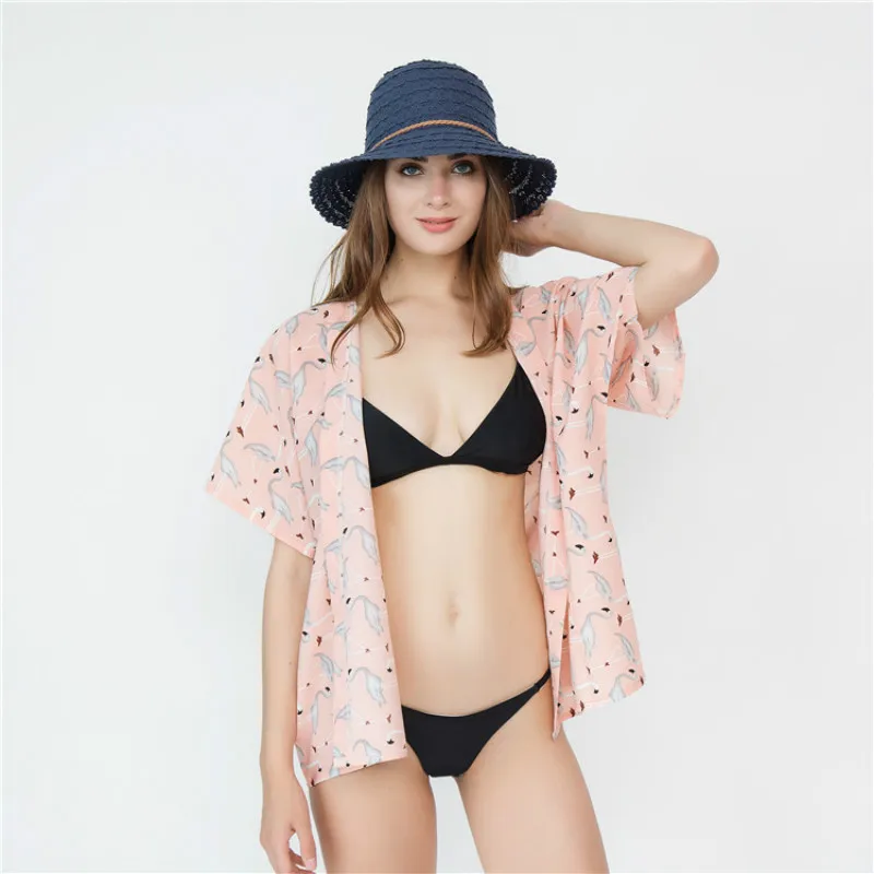 

2019 New Small Fresh Flamingo Cartoon Pattern Japanese Style Kimono Holiday Bikini Chiffon Sunscreen Cardigan