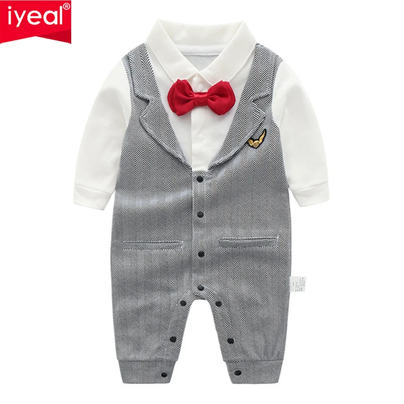 

IYEAL Baby Boy Clothes Gentleman Romper Long Sleeve with Bow Tie Suit Infant Toddler Fake Two Pieces Vest Party Wedding Jumpsuit