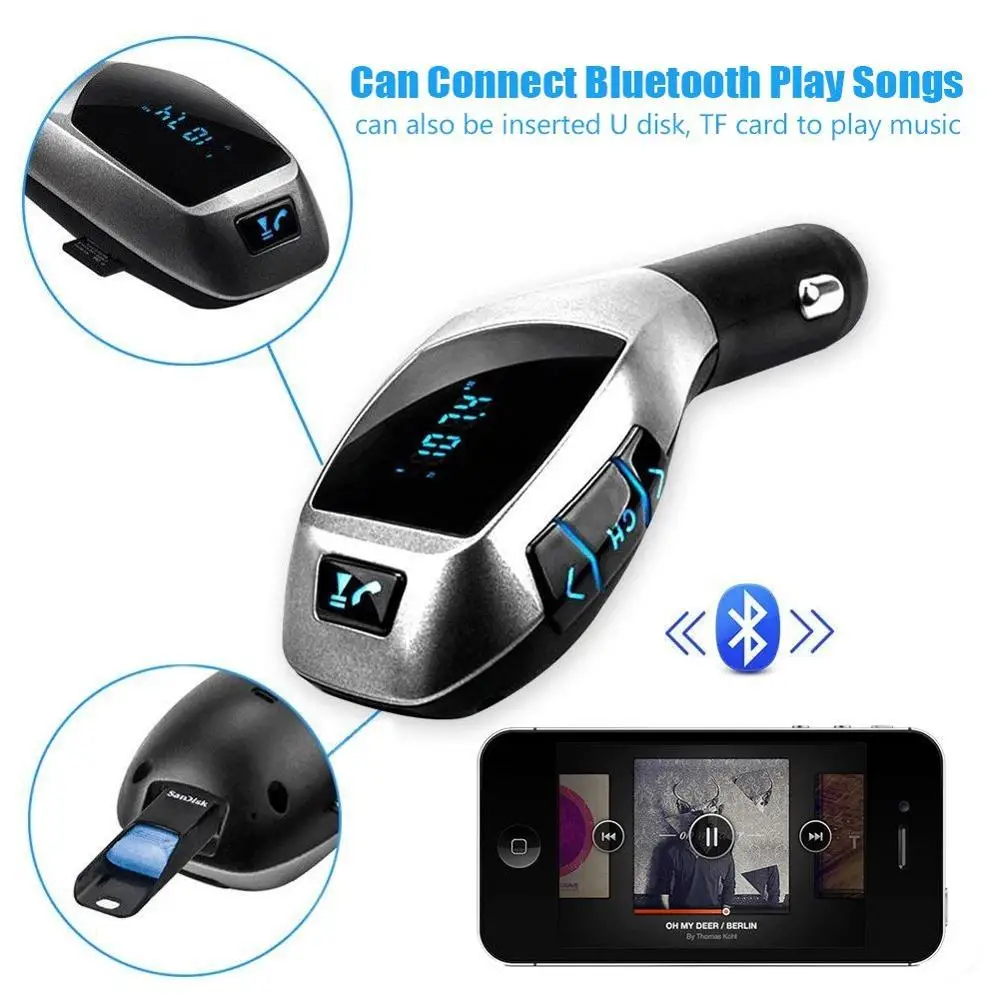 Bluetooth FM передатчик в-адаптер для автомобильного радио, Автомобильный MP3-плеер, Hands-free автомобильный комплект с двумя USB портами, Порты и разъёмы TF Play для iPod/iPhone