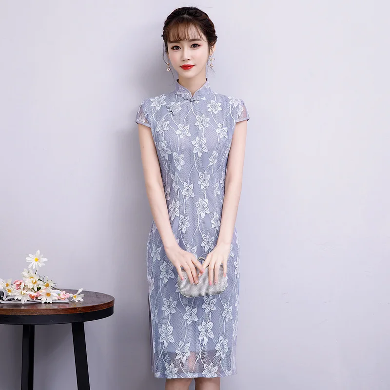 Серые летние Винтаж платье Ципао в китайском стиле Короткие вышивка кружевное платье Чонсам Для женщин китайское традиционное платье