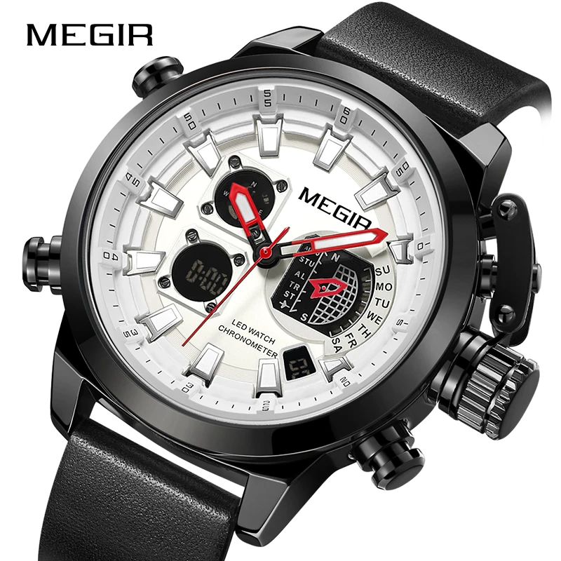 MEGIR Мужские Спортивные кварцевые наручные часы с кожаным хронографом, водонепроницаемые армейские военные мужские часы, роскошные часы от ведущего бренда, мужские часы