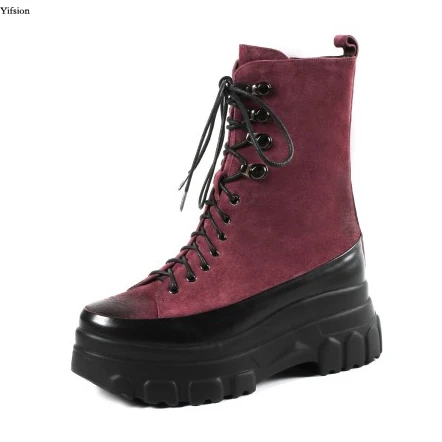

Olomm Women Martin Leather Ankle Boots Height Increasing Boots Charm Round Toe Rose-red Green Casual Shoes Women US Size 4-10