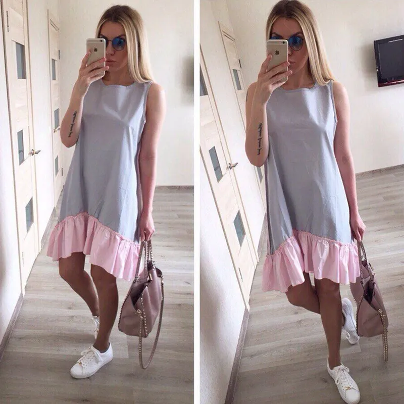 

Summer Sleeveless Casual Dresses 2019 Loose Women Patchwork Sleeveless Ruffles Round Neck Mini Beach Dress Plus Size -A76