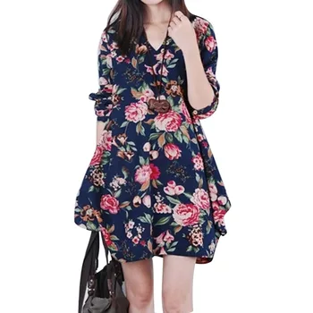 

Pregnant Women Dress Floral Linen Cotton V-Neck Loose Casual Maternity Dress New