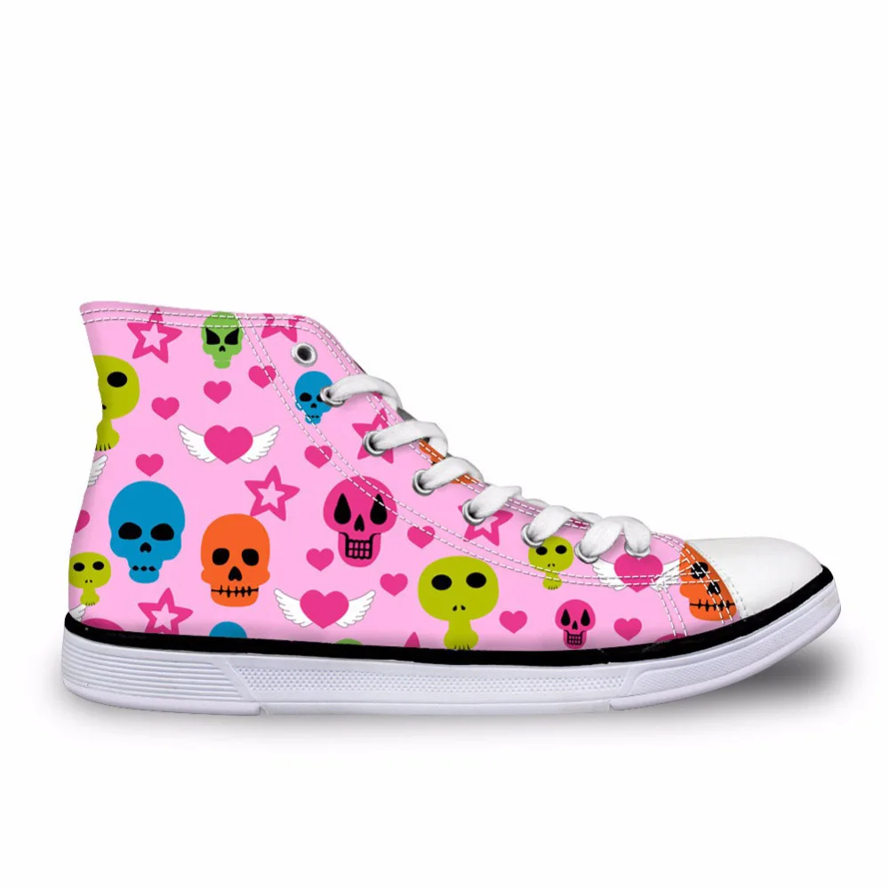 

Customized Casual High Top Vulcanize Shoes for Women Cute Punk Skull Printed Women's Canvas Shoes Vintage Female Flats Lace-up