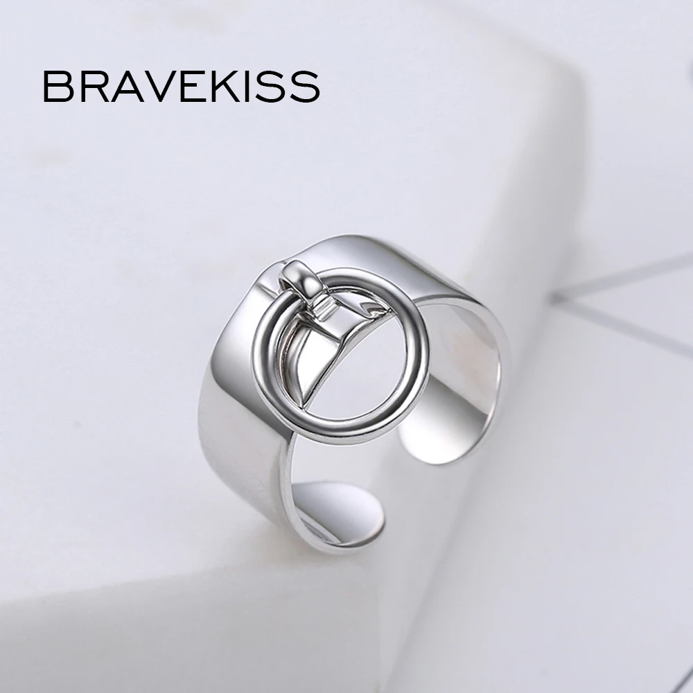 BRAVEKISS Pure 925 Sterling Silver Adjustable Rings For Women Round Circle Charm Dangle Ring Pendant Wide Ring Band BLR0323