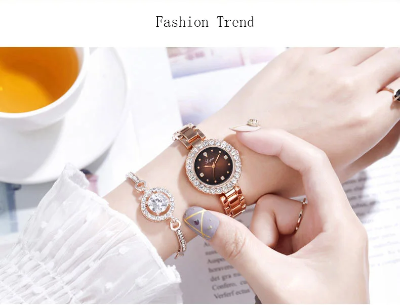 Luxury Diamond Green Watch Women Crystal Watches Bracelet Set Female Jewelry Fashion Rose Gold Starry Quartz Watch For Lady Gift