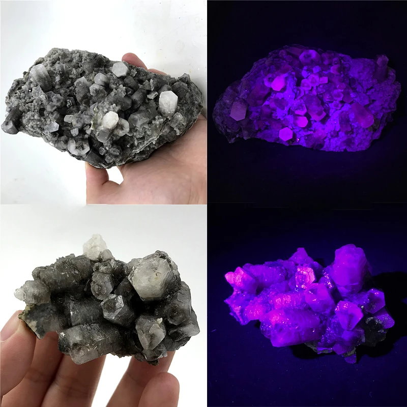 Spécimen de minéraux en cristal brut  En Calcite fluorescente naturelle  grise, colonne de Calcspar squelette brut, Point de Quartz brut, grappe de  