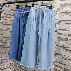 Однотонные джинсы на шнуровке с широкими штанинами женские удобные корейские модные джинсы с высокой талией синие джинсовые брюки до