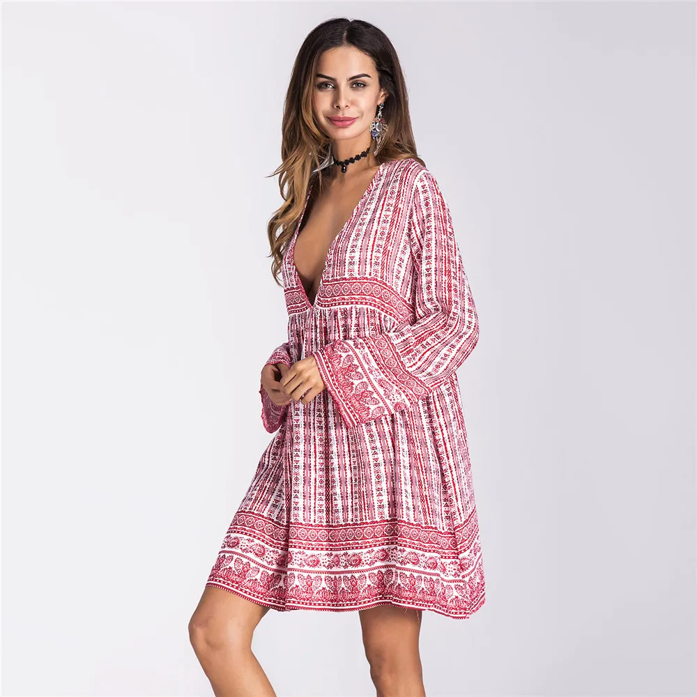 Autumn Sexy Deep V neck Beach dress For Women Boho Long Sleeve Printed Dress Women Beach Sundress Casual Women's Dresses Female (16)