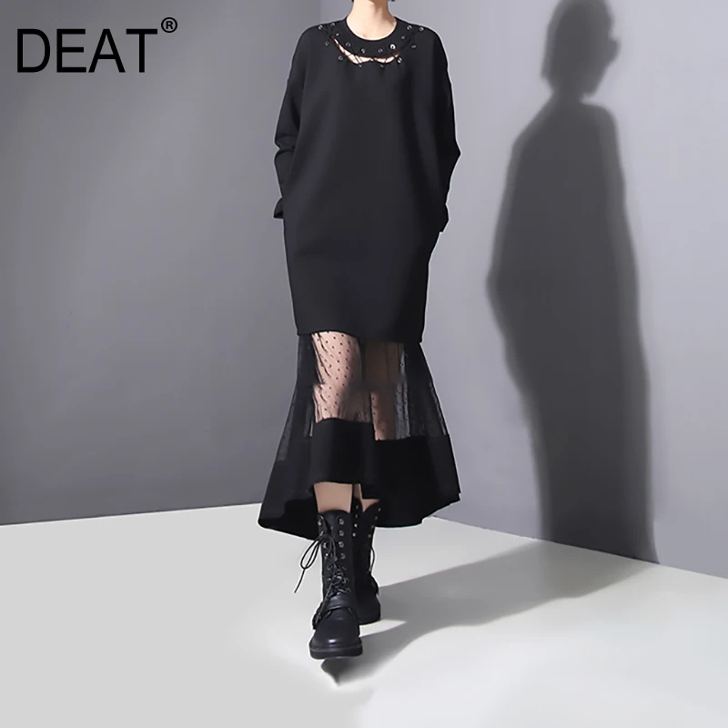 

[DEAT] 2019 New Spring Summer Round Neck Long Sleeve Black Bandage Hollow Mesh Stitch Two Piece Dress Women Fashion Tide JO26