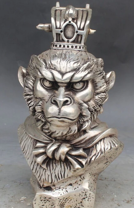 

11" China Silver Zodiac Year King Sun Wukong Moneky King Head Bust Buddha Statue R0709 (B0328)