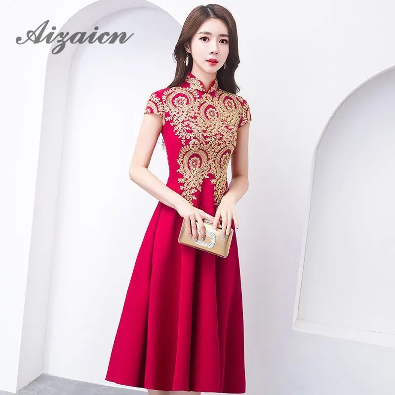 

Women Embroidery Cheongsam Chinese Traditional Wedding Dress Qipao Modern Lace Sexy Slim Oriental Dresses Evening Gown China