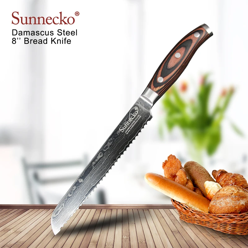 SUNNECKO 8&quot inch Bread Kitchen Chef Knife Cutting Tools Damascus VG10 Steel Sharp 60HRC Pakka Wood Sanding Handle X-mas Gift | Дом и сад