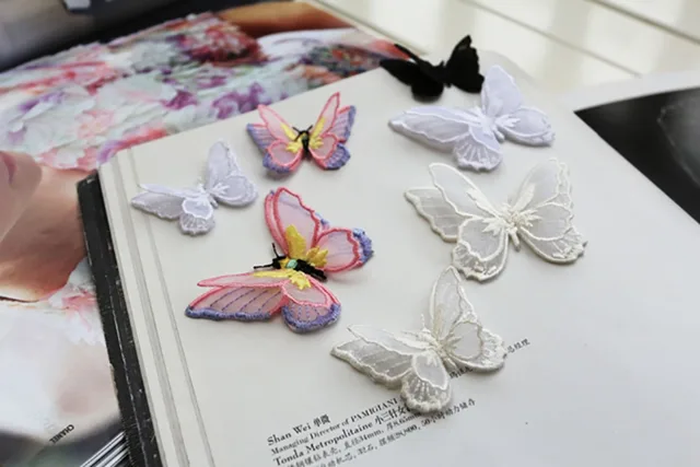 Translucent double layer butterfly fabric applique embroidery patch stickers iron on for wedding