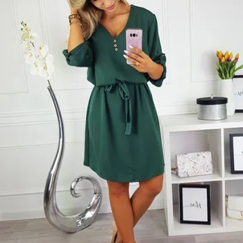 

Loose Dress Women HOT Fashion Casual Daily Solid Sexy V-Neck Half Sleeve Button Backless Princess Dress Freeship платье