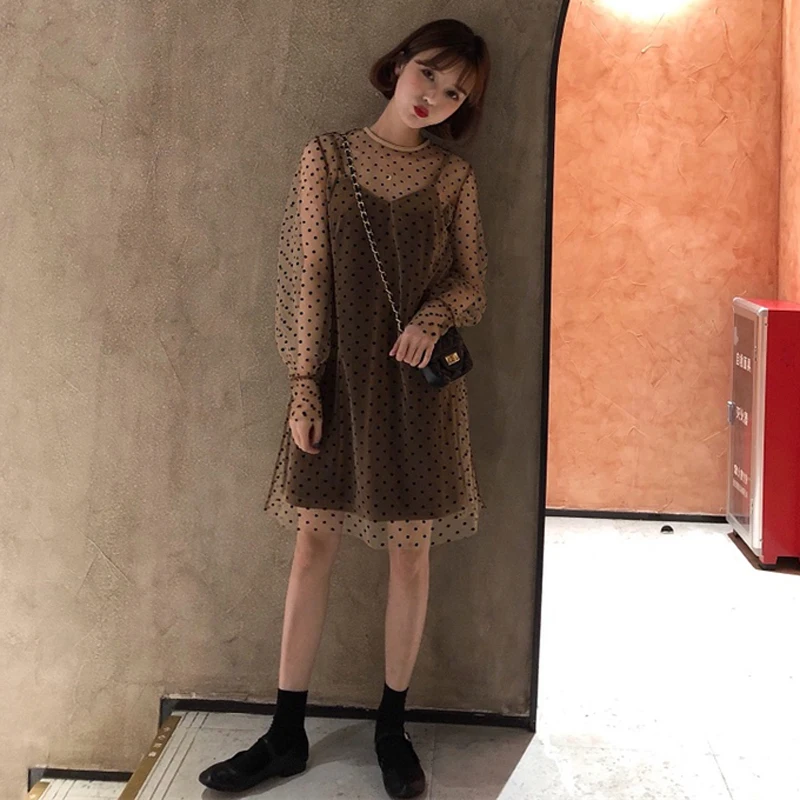 

Mihoshop Ulzzang Korean Korea Women Fashion Clothing Round Neck Dot Point Vintage Net Dress