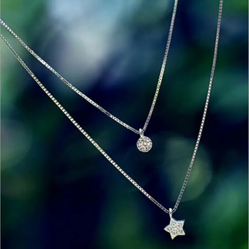 

Noble Exquisite Fashion Wild 925 Sterling Silver Jewelry Wild Star Inlaid Double Clavicle Chain Beautiful Pendant Necklace H80