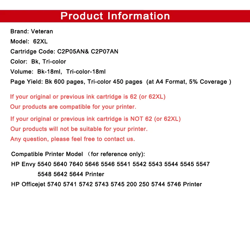 Сменный картридж Veteran 62XL с черными чернилами для принтеров hp 62 XL hp62 Envy 5640 OfficeJet 200